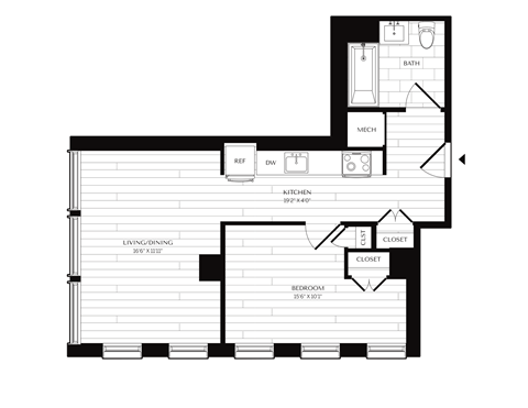 Floor plan for 1 bed, 1 bath, 671 sqft